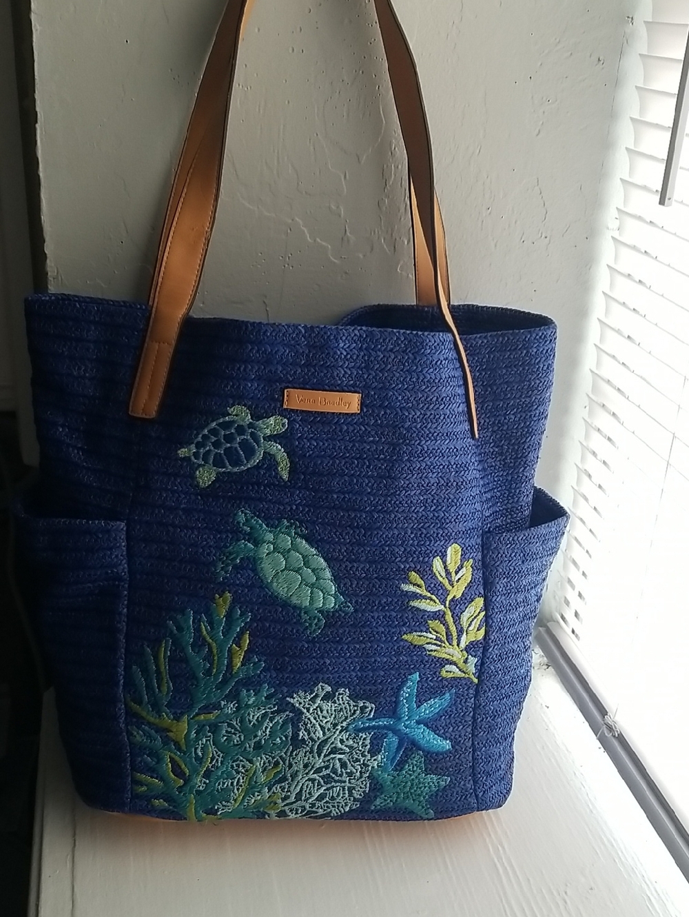 Vera Bradley Navy Blue Embroidered Sea Turtle Tote with Tan Straps - Picture 3 of 9